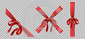 Realistic icon. Bow, diagonal and straight red ribbon and a bow