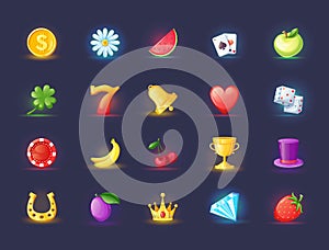 Realistic icons for casino slot machine. Game interface for gambling games lotteries casino machines. Bonus logos for gambling