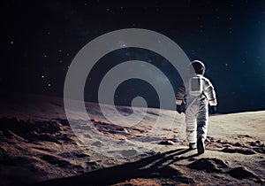 realistic illustration of astronaut walking on moon surface with milky way and space galaxy background