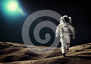 realistic illustration of astronaut walking on moon surface with milky way and space galaxy background