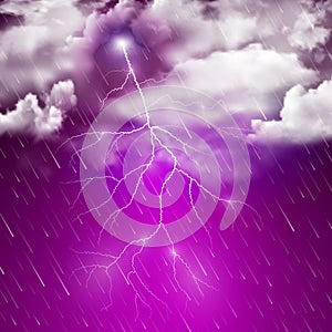 Realistic illustration of autumn purple night thunderstorm with heavy downpour, rain, thunder and lightning flash. Square vector a