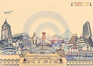 Realistic illustration of Bangalore, Bengaluru tourist places composed in single image city tourism, Karnataka, india