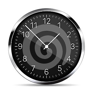 Realistic illustration of black metal wall clock with reflections, numbers and silver hands. Isolated on white background, vector