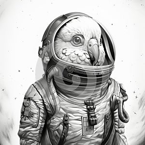 Realistic Illustration Of Cockatiel Astronaut In Detailed Black And White Style