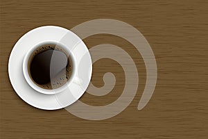 Realistic illustration of coffee cup with foam and bubbles. Saucer on wooden table top with space for text, vector