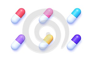 Realistic illustration with colored pills 3d set on white background. Medical capsule and drugs. Healthcare and medicine