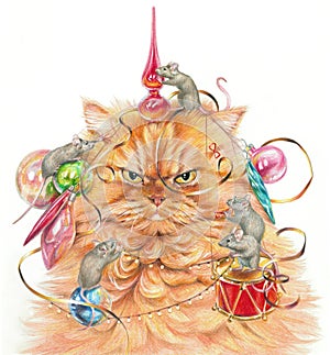 Realistic illustration drawn by colored pencils. Mice decorate a displeased cat with Christmas toys
