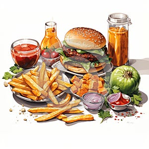 Realistic Illustration Of Food: Hamburger, Fries, And Ketchup