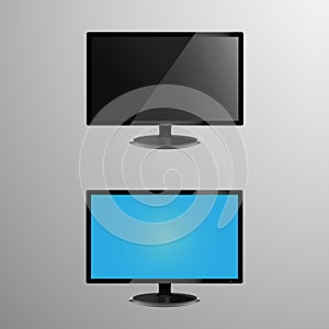 Realistic illustration of an LCD monitor with editable screen, plus screen when its idle or off