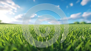 Realistic illustration of a macro close up of dew drops on a lush green grass lawn field against a blue summer’s sky.