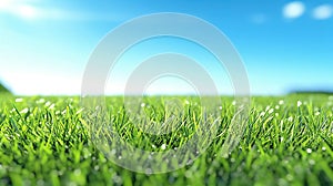 Realistic illustration of a macro close up of dew drops on a lush green grass lawn field against a blue summer’s sky.