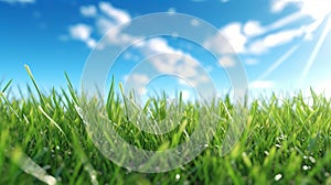 Realistic illustration of a macro close up of dew drops on a lush green grass lawn field against a blue summer’s sky.