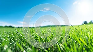 Realistic illustration of a macro close up of dew drops on a lush green grass lawn field against a blue summer’s sky.