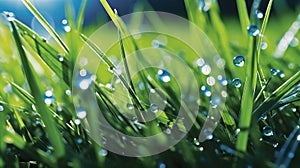 Realistic illustration of a macro close up of dew drops on a lush green grass lawn field against a blue summer’s sky.