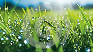 Realistic illustration of a macro close up of dew drops on a lush green grass lawn field against a blue summer’s sky.