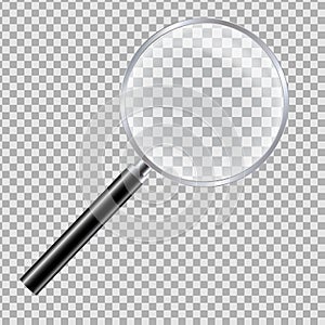 Realistic illustration of magnifying glass with reflection and black handle. Isolated on a transparent background, vector