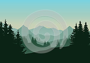 Realistic illustration of mountain landscape with coniferous for photo