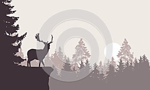 Realistic illustration of a mountain landscape with a forest with deer standing on a rock. Retro sky with rising sun or moon,