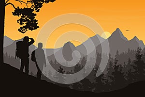 Realistic illustration of mountain landscape with forest and two tourists, man and woman. Morning orange sky with rising sun,