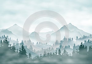 Realistic illustration of mountain landscape silhouettes with forest and coniferous trees. Fog haze or clouds under green-blue sky