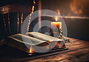 open bible on wood table with candle and chair