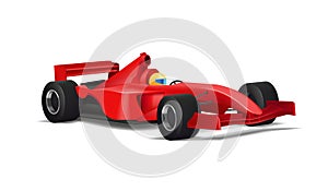 Realistic illustration of red sport bolide car with driver in yellow helmet and with black tyres, 3d detailed graphic