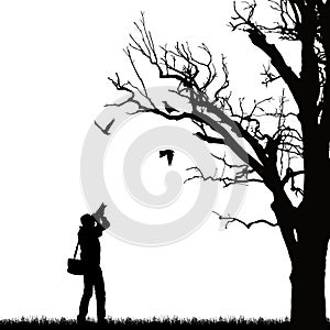 Realistic illustration of a silhouette of a man photographing three birds on a tree, vector