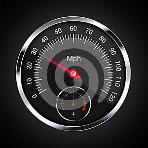Realistic illustration of speedometer on dark car dashboard with mileage indicator per hour and engine temperature, vector
