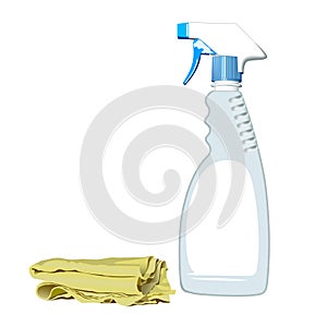 Realistic Illustration of spray bottle and rag for cleaning.