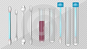 Realistic illustration of the Test tube, medical sample in closed glass container and swabs bud on plastic stick or