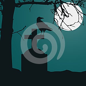 Realistic illustration of a tombstone in a cemetery with a sitting raven and a dry dead tree. Full moon on night green spooky sky