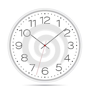 Realistic illustration of a wall clock with a light dial, numbers and a red second hand. Isolated on white background, vector