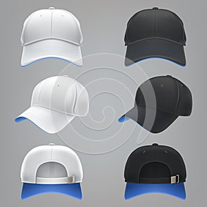 realistic illustration of a white and black textile baseball cap front, back and side view