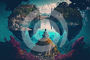 Realistic illustration of a white man meditating in front of an island in the ocean