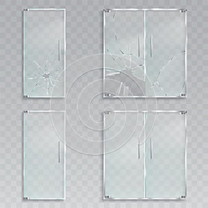 realistic illustrations of a layout of an entrance glass doors with metal handles unscathed and broken glass