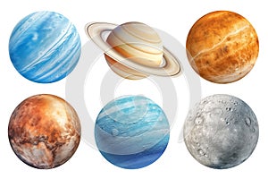 Realistic image of different planets Moon, Neptune, Pluto, Saturn, Uranus, Venus on a transparent background. Planets