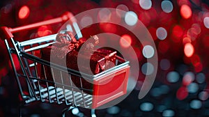 a realistic image featuring a red shopping cart filled with festive gifts, including a peripheral gift box, symbolizing