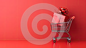 a realistic image featuring a red shopping cart filled with festive gifts, including a peripheral gift box, symbolizing