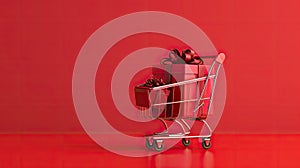 a realistic image featuring a red shopping cart filled with festive gifts, including a peripheral gift box, symbolizing