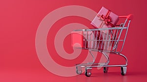 a realistic image featuring a red shopping cart filled with festive gifts, including a peripheral gift box, symbolizing