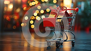 a realistic image featuring a red shopping cart filled with festive gifts, including a peripheral gift box, symbolizing