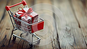 a realistic image featuring a red shopping cart filled with festive gifts, including a peripheral gift box, symbolizing