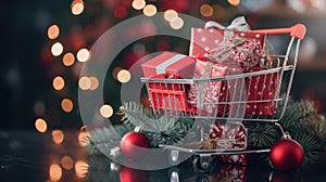 a realistic image featuring a red shopping cart filled with festive gifts, including a peripheral gift box, symbolizing