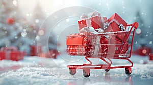 a realistic image featuring a red shopping cart filled with festive gifts, including a peripheral gift box, symbolizing