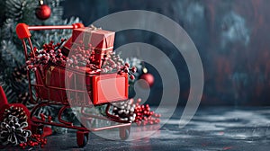 a realistic image featuring a red shopping cart filled with festive gifts, including a peripheral gift box, symbolizing