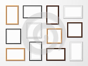 Realistic image frames. Picture frame in different colors, hanging blank pictures on gallery wall of modern interior