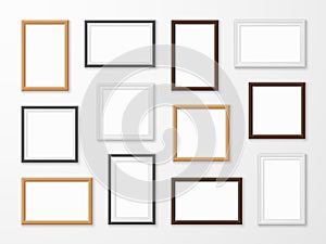 Realistic image frames. Picture frame in different colors, hanging blank pictures on gallery wall of modern interior templates