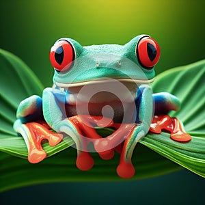 Realistic image of Red-eyed frog, which lives in tropical forests. AI generated