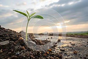 A realistic image of a seed sprouting from the ground, pushing through the soil and representing the growth