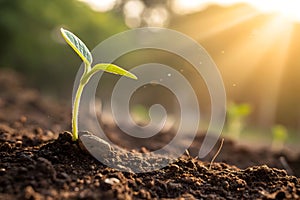 A realistic image of a seed sprouting from the ground, pushing through the soil and representing the growth